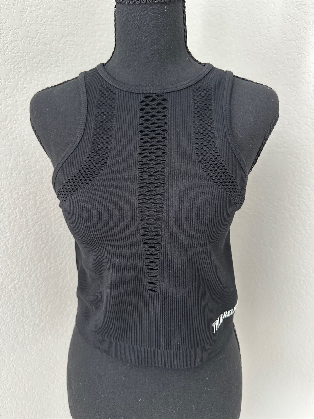 NWT- True Religion Black Ribbed Crochet-Detail Tank